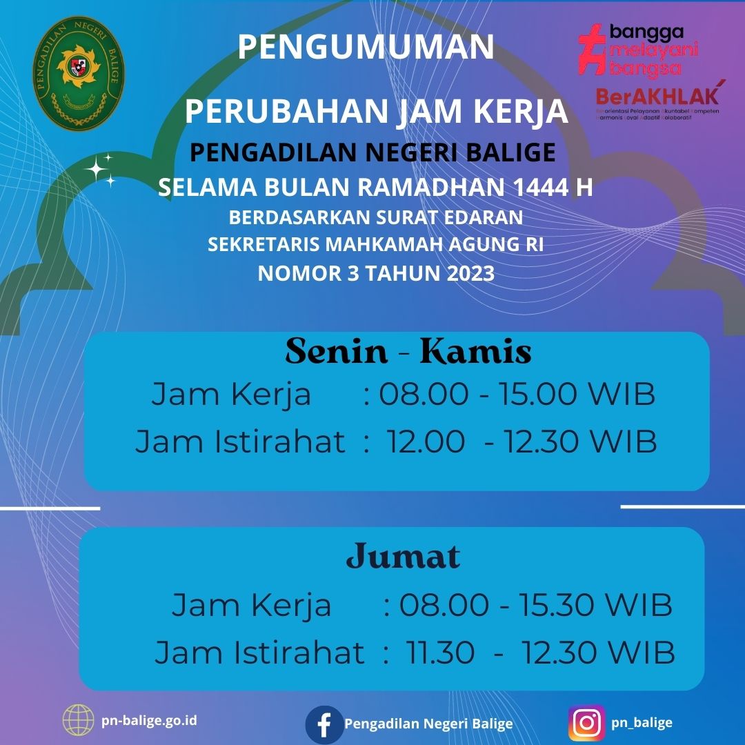PERUBAHAN JAM KERJA  PENGADILAN NEGERI BALIGE SELAMA BULAN RAMADHAN 1444 H